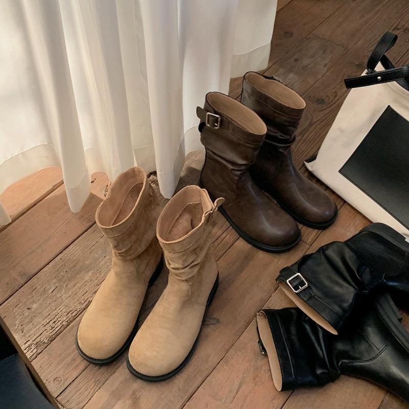 Cowhide~ Retro round head belt buckle pleated stack medium boots thick heel thick sole knight boots short boots women