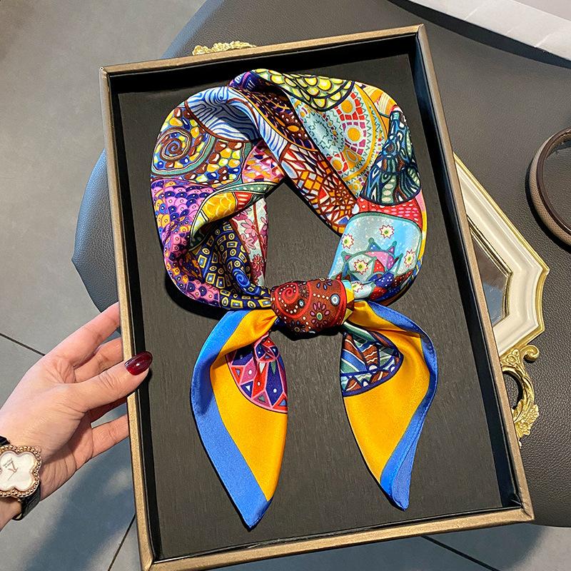 Luxury Design Silk Skinny Scarf Bag Handle Ribbon Ladies Little Cat Print Headband Small Hair Scarves Band Female Handkerchief