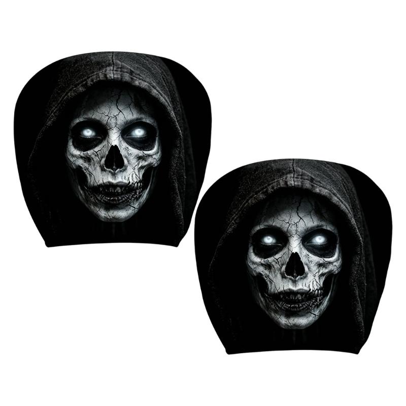 Vehicle Headrest Cover Set with Dark Print Halloween Theme, 2 Piece Polyester Pull-On Headrest Sleeve for Spooky Seat Styling Use