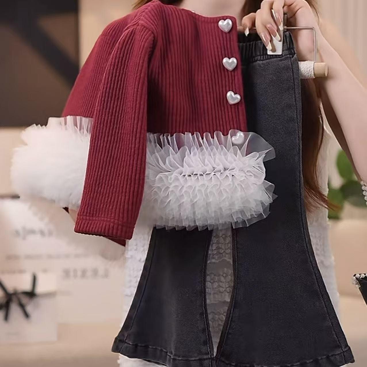 

Комплект кардигана и расклешенных джинсов для девочек, весна и осень 2025 130