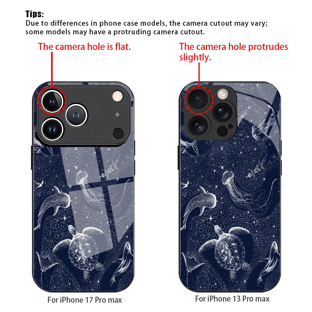 Turtle Dolphin Pattern Tempered Glass Phone Case Suitable for iPhone 17 16 15 14 13 12 11 Pro Max Plus Shockproof Back Cover