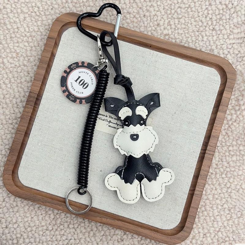 Breloque de Sac Dessin Animé Animaux Mignons Schnauzer Lanière Pendentif de Sac Cuir PU Pendentif de Sac à Dos Porte-Clés pour Femmes Cadeau d'Anniversaire