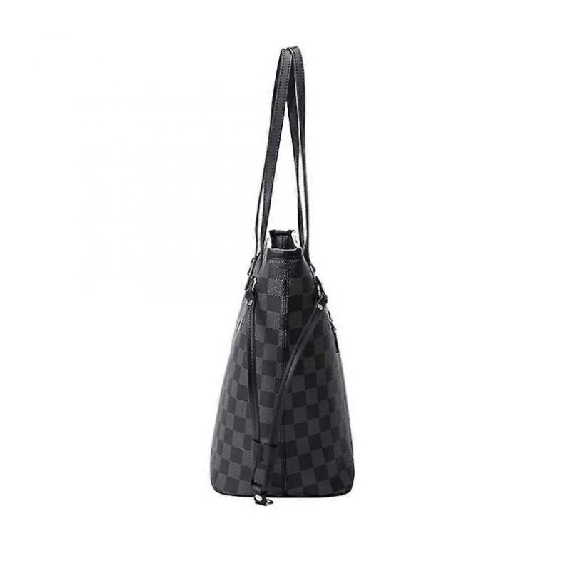 (Black) Women Checkered Tote Shoulder Bag Purse Pu Leather Handbag Bag With Inner Pouch