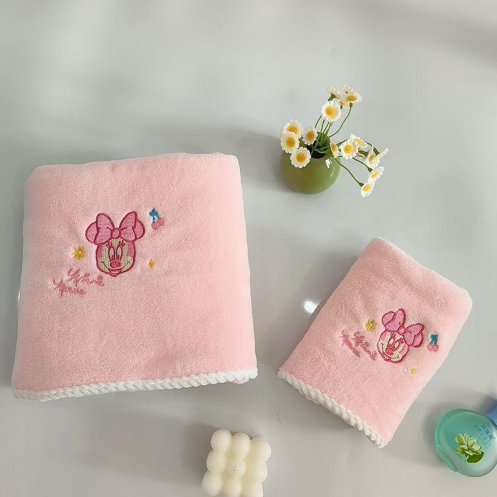 Coral Fleece Cartoon Minnie Mickey Embroidery Soft Water Absorption Without Hair Loss Towel Set Face Wash Home Bath