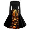 Women Casual Halloween Print Dress Long Sleeve Round Neck Retro Vintage Style Midi Dress with Waist Tie