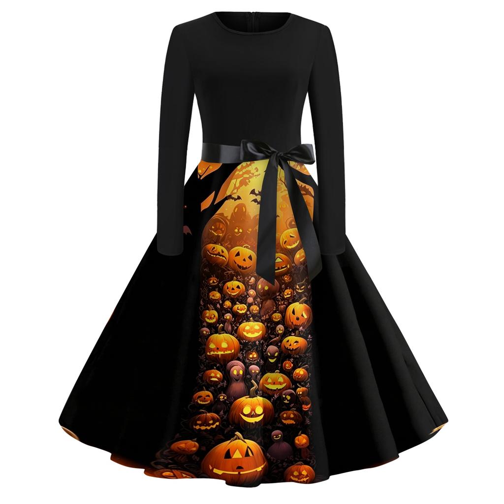 Women Casual Halloween Print Dress Long Sleeve Round Neck Retro Vintage Style Midi Dress with Waist Tie