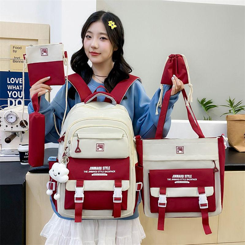 5Pcs  Student Backpack Set The Start of School Season Korean Fashion Junior High School Backpacks Large Capacity Two-piece Bags Set