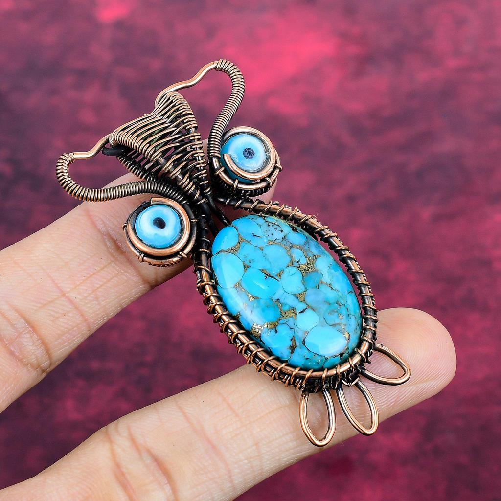Copper Blue Turquoise Pendant Owl Pendant Copper Wire Wrapped Blue Color Evil Eye Jewelry