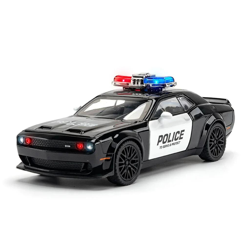 1:32 Challenger SRT Hellcat Police Car Model Toy Pull Back Sound Light Doors Opened Vehicle Models for Boys Collection Gifts