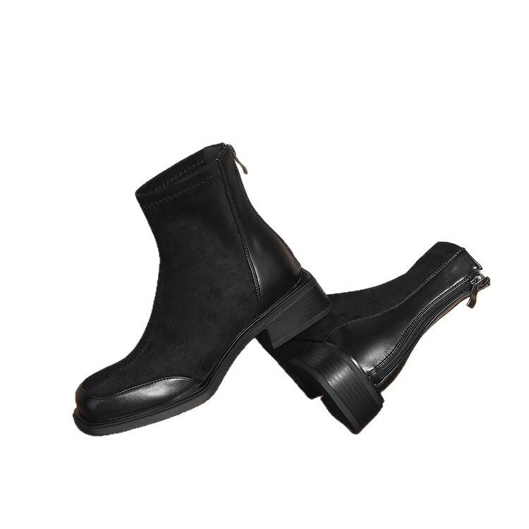Rough Heeled Elastic Boots Women's Boots 2025 Autumn and Winter New Short Boots Suede Low Heel Short Boots