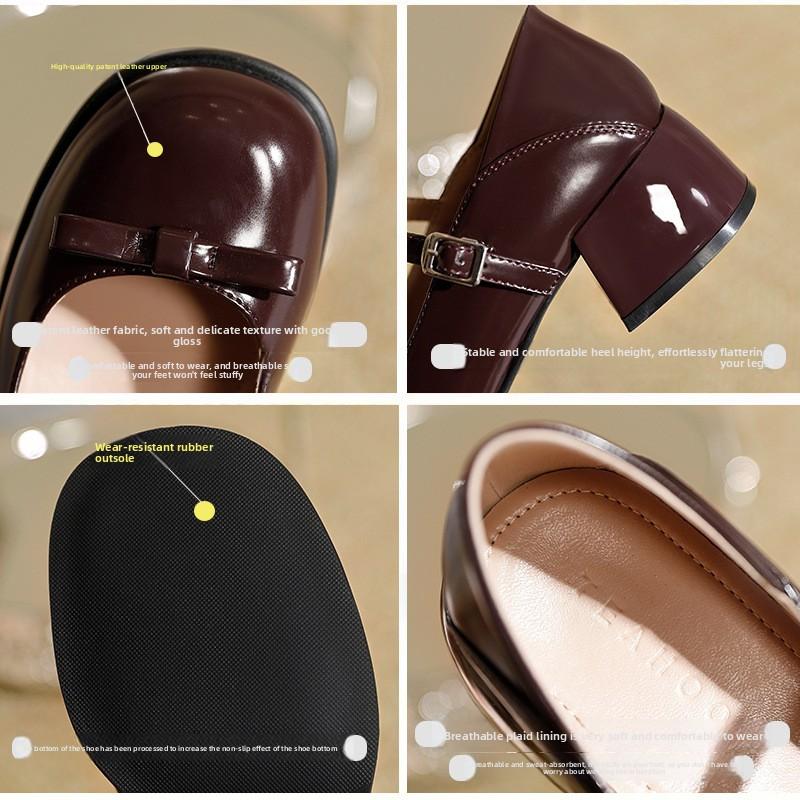 Spring New Bow Mary Jane Shoes, Women Chunky Heel Round Toe French Shallow Mouth Leather Flat Pumps