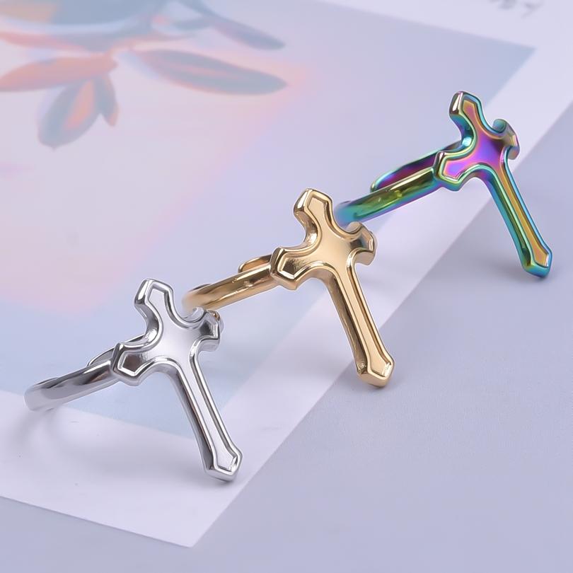 Vintage Simple Cross Jewelry No Fade Stainless Steel Adjustable Rings For Women Men Accessories Jesus Opening Ring Bagues Gift