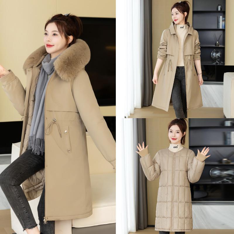 New Huoli Cotton Long Hoodie for Women, Thickened, Simple Detachable Lining, Slim Fit Cotton Jacket Trendy