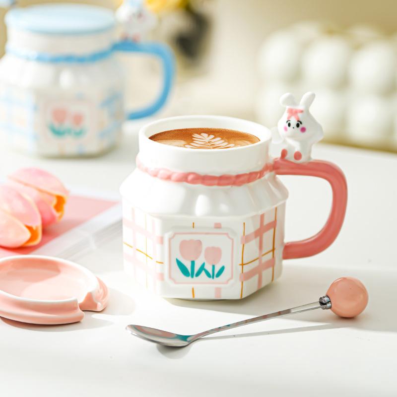 Tulip Rabbit Flower Couple Mug Creative High Value Home Office Ceramic Cup Coffee Cup with Lid