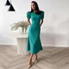 European and American Women's Clothing Summer New Round Neck Bubble Short-sleeved Dress Fashionable and Elegant Slim High Waist Long Dress Women