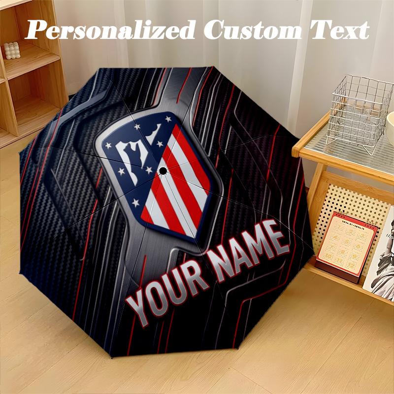 8 Rib Auto Folding Umbrella Atletico Madrid Print Custom Name Text Portable Rain Gear