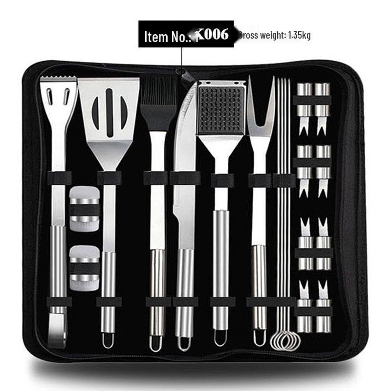 Meigo Stainless Steel BBQ Tool Set, 32 Pieces, with Portable Cloth and Aluminum Case Options, New.
