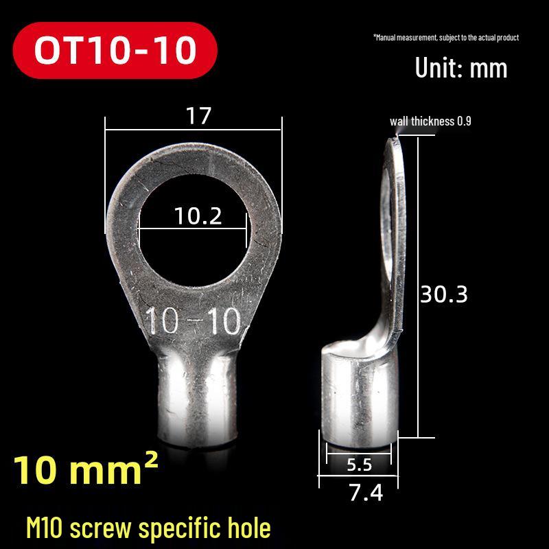 OT Series Pure Copper Crimp Lugs: Cold-Pressed Terminals, Brass Silver-Plated Bolt, Round Wiring Ears Connectors