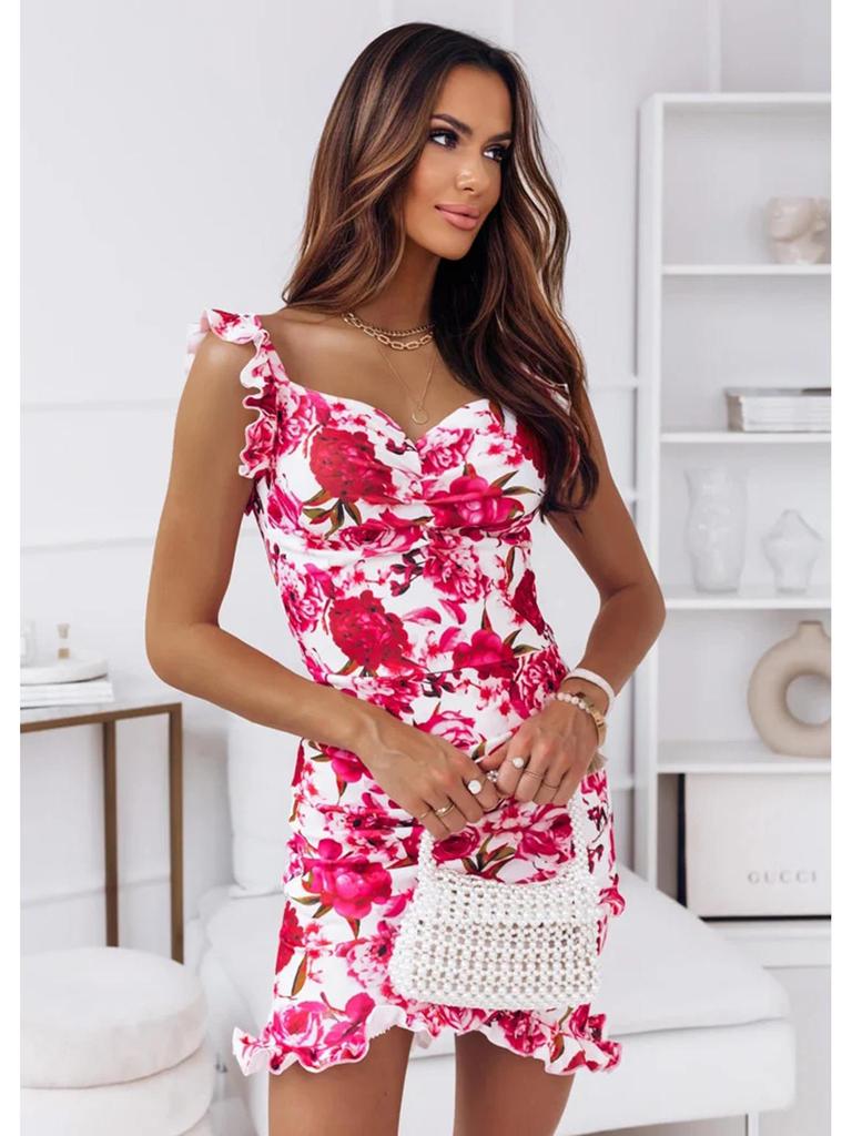 Summer 2026 Floral Print Ruffle Sleeveless V-neck Dress