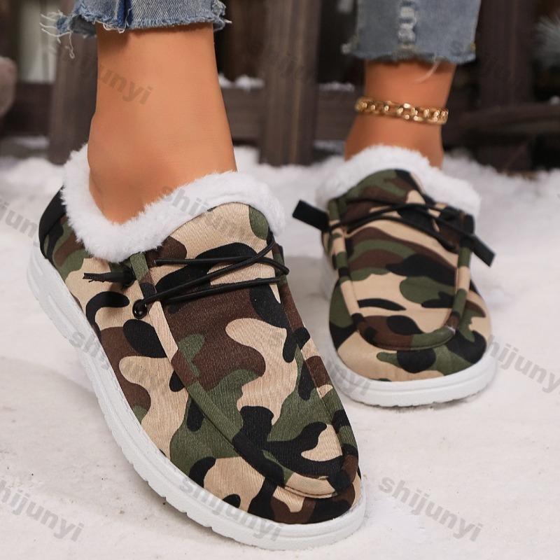 Fashion 2025 Winter Camouflage Design Retro Women's Low Top Casual Cotton Shoes Soft Soled Comfortable Fashion Warm Fashion Plush Flats