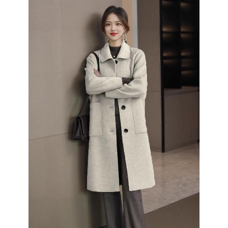 Womens Solid Color Wool Blend Coat Mid-Length Loose Fit Winter Outerwear Elegant Office Style