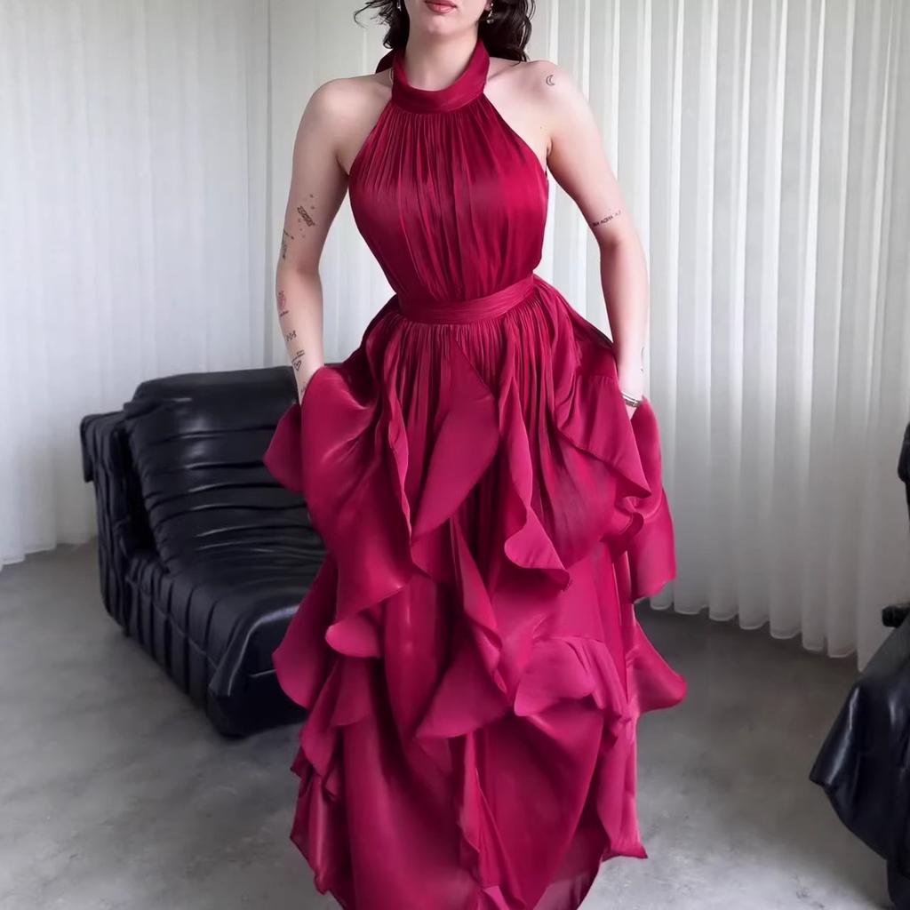 European and American Women's Cross-border Foreign Trade 2026 Neck Satin Dress Dress Women's Dress Waist Thin Cake Dress