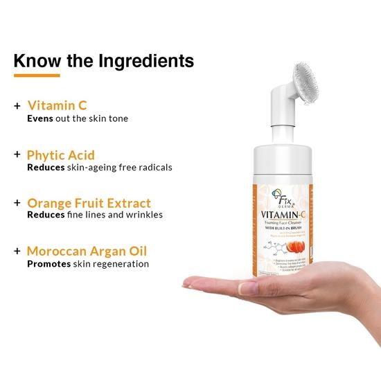 Fixderma 2% Vitamin C Face Wash, Foaming Face Cleanser with Brush, Reduces fine lines & wrinkles, Exfoliates the skin - 100ml