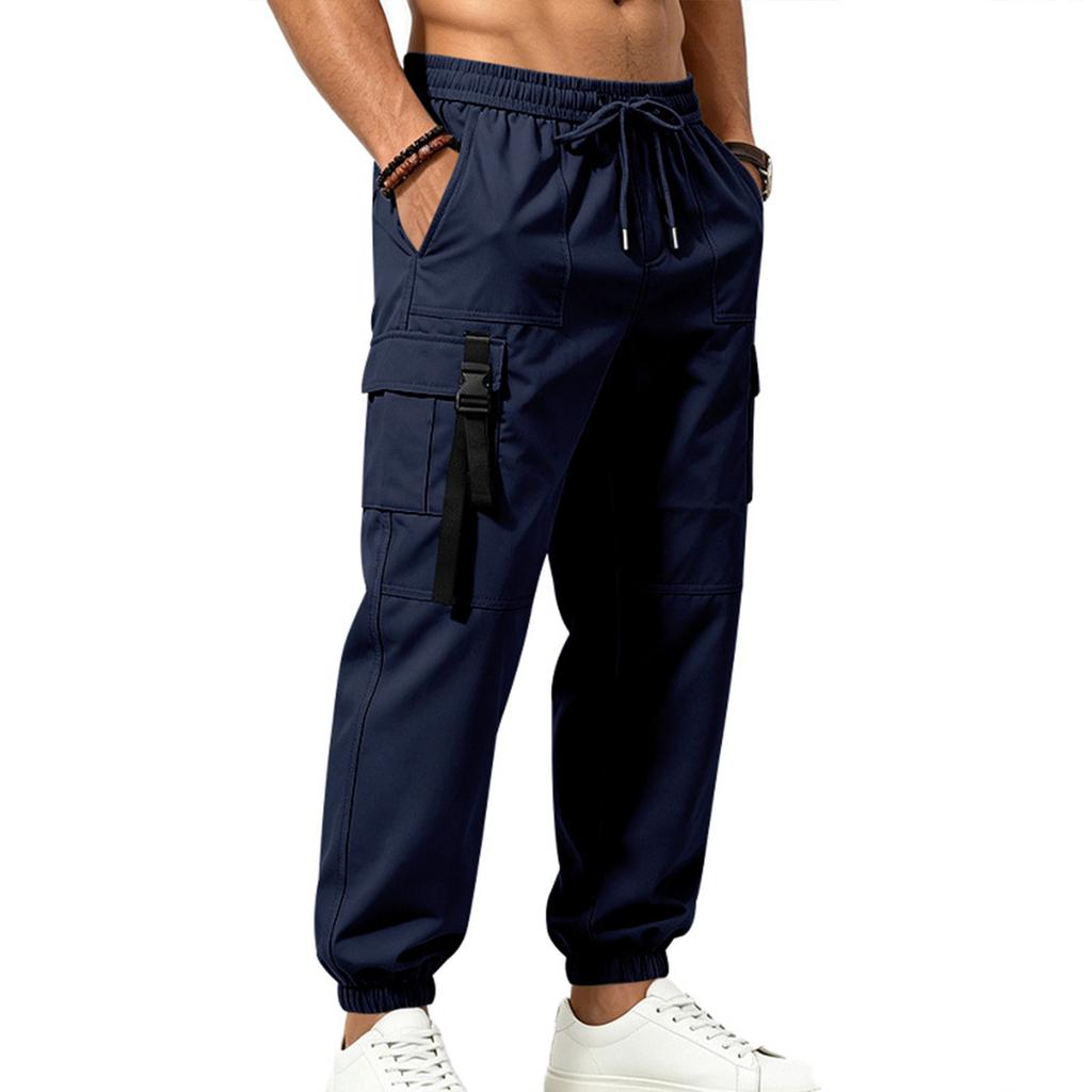 Men's Outdoor Commuter High Street Multi Pocket Cargo Pants Elastic Waist Drawstring Jogger Trousers Casual Workwear