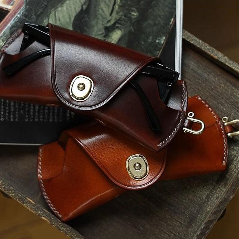 Unisex Retro Hanging Pu Leather Glasses Bag Portable Lanyard Hanging Sunglasses Case Simple Handmade Glasses Storage Box