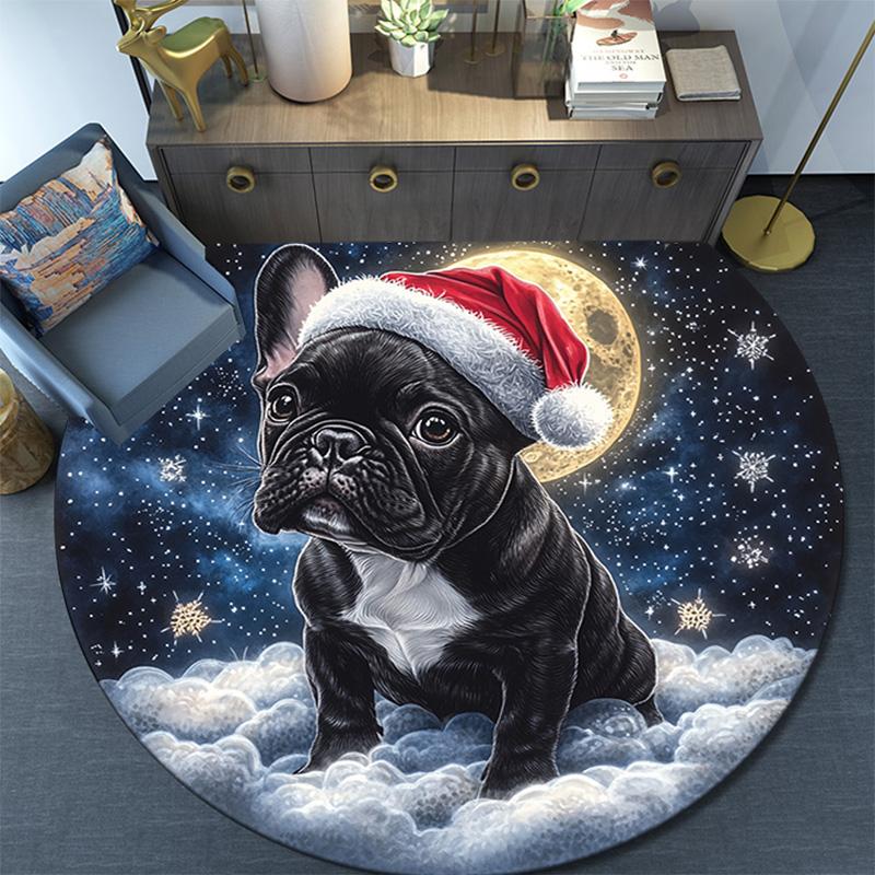 Christmas French Bulldog Round Area Rug,Carpet Rug for Living Room Bedroom Sofa Playroom Decor,Non-slip Floor Mat