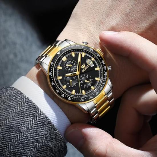 OLEVS Men's Quartz Watch, Stylish Multi-Function Watch with Stainless Steel, Waterproof, Luminous Display, Date Display, Analogue Watch for Men,