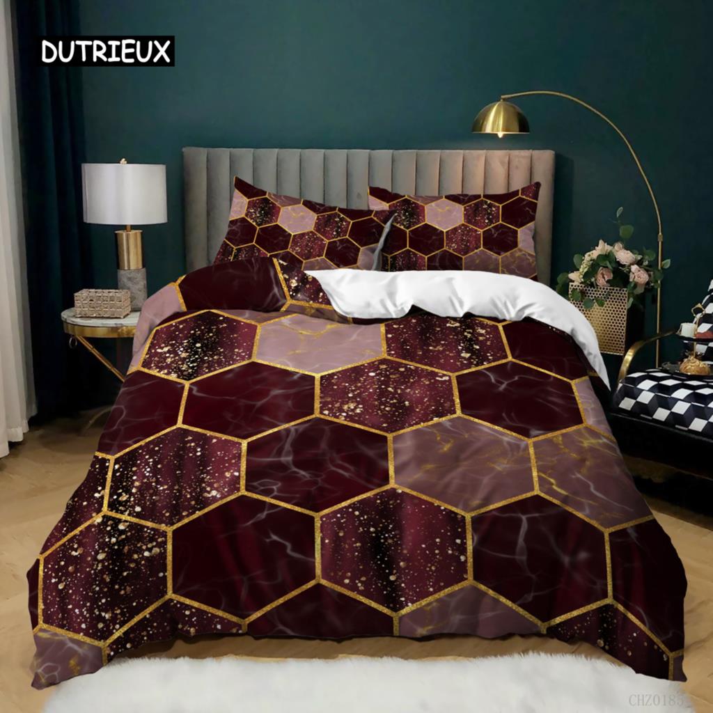 Honeycomb Comforter Cover Kit Queen Size Size Geometric Sleep Bedding Kit Fine Microfiber Gold Hexagon Comforter Cover Black Gradient Quilt Cover