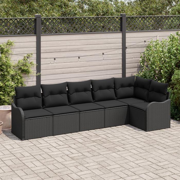 Ensemble de canapé de jardin 6 pièces avec coussins noir poly rattan, Canapé de jardin 2 places avec rangement et coussins 3354392