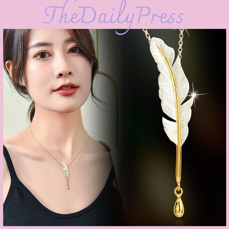 Fresh And Sweet Titanium Steel Side Chain Necklace With Beautiful Leaf And Water Drop Design