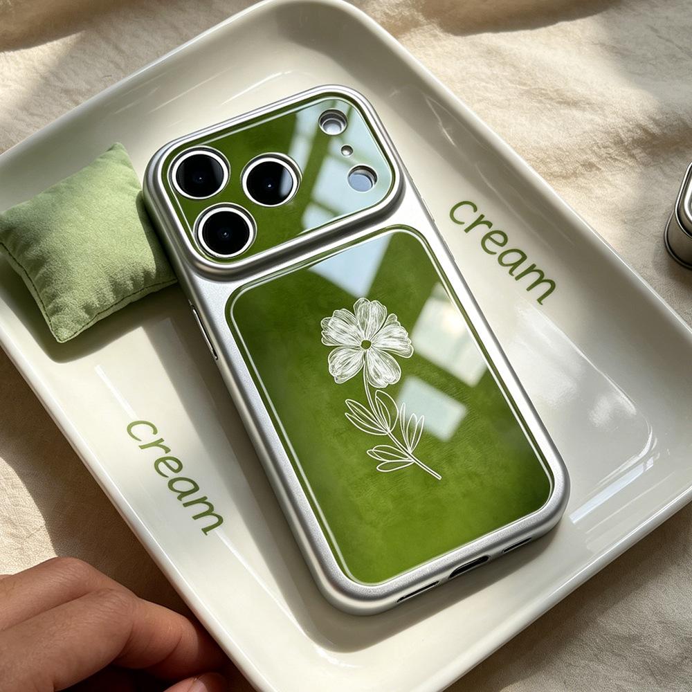 Green bottom line flower is suitable for iPhone16/17Promax mobile phone case, niche high-end Apple 17 case.