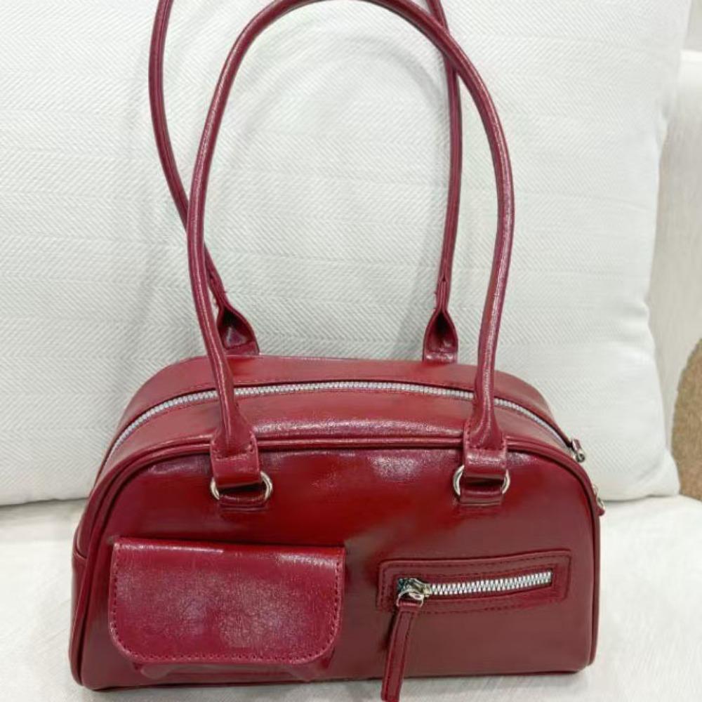 Temperament Korean Style Large-Capacity Bag Solid Color Handbag Retro Bag Minority Design French Style Zip Design Bag Outdoor