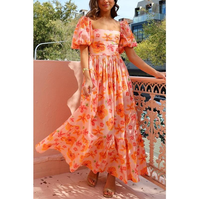 

YYFS женские модные летние весенние повседневные платья с цветочным узором и коротким рукавом с квадратным воротником и высокой талией XXL