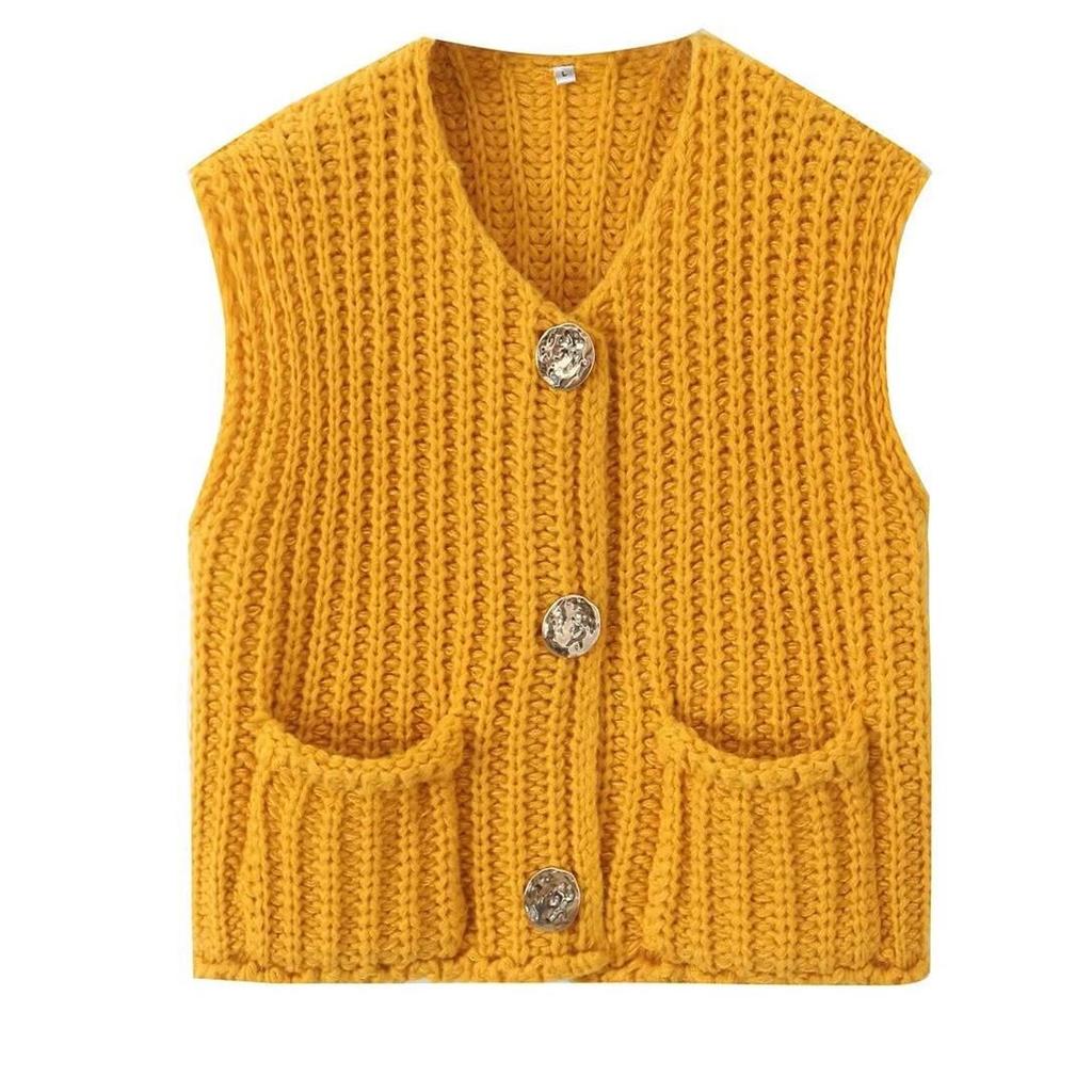 2025 Autumn/Winter Women's V-Neck Sleeveless Three-Button Knit Cardigan Vest
