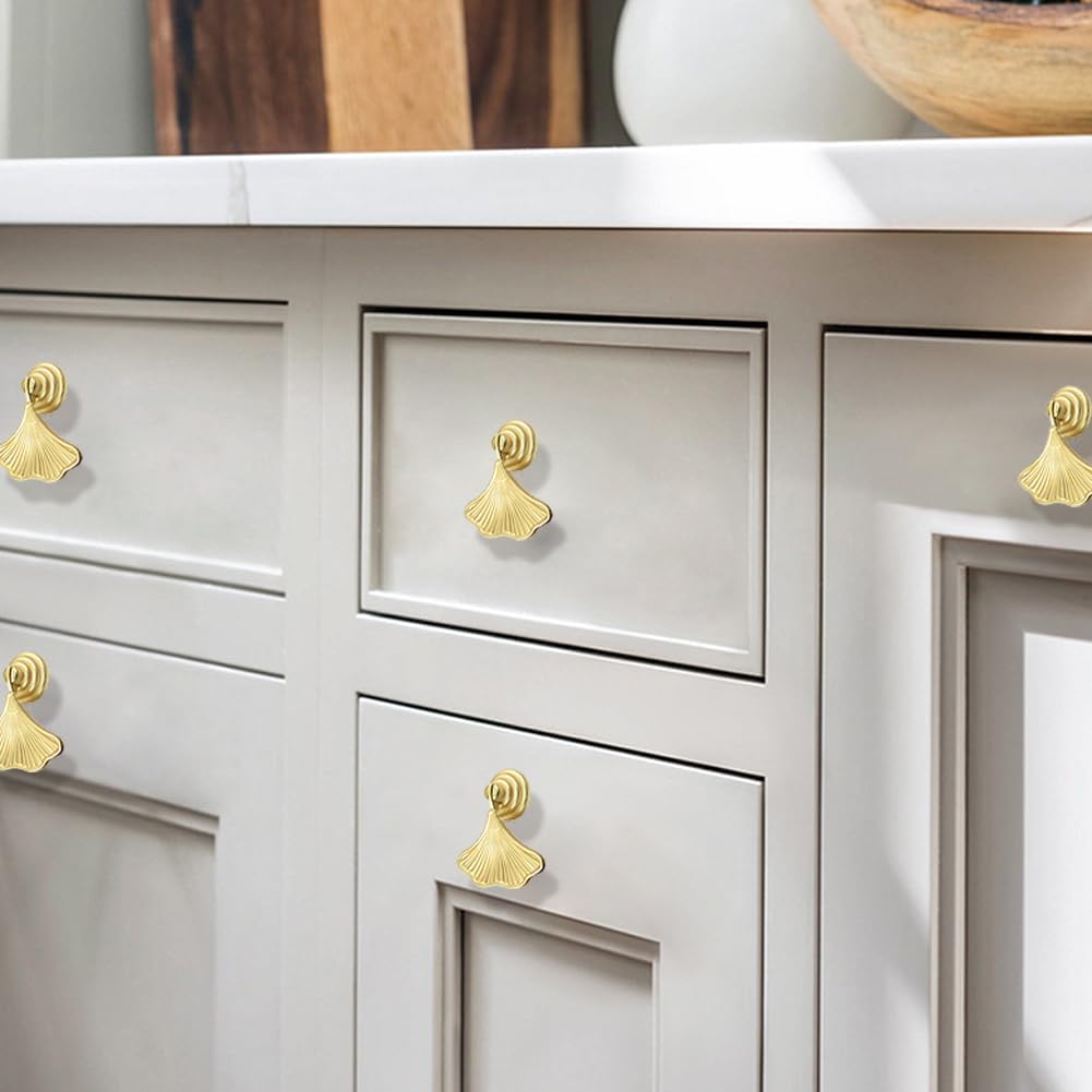 4 Pcs Ginkgo Leaf Shape Handles Golden Leaf Shape Knobs Golden Drop Pendant Pull Handles Single Hole Knobs Handles for Kitchen Furniture Cabinet