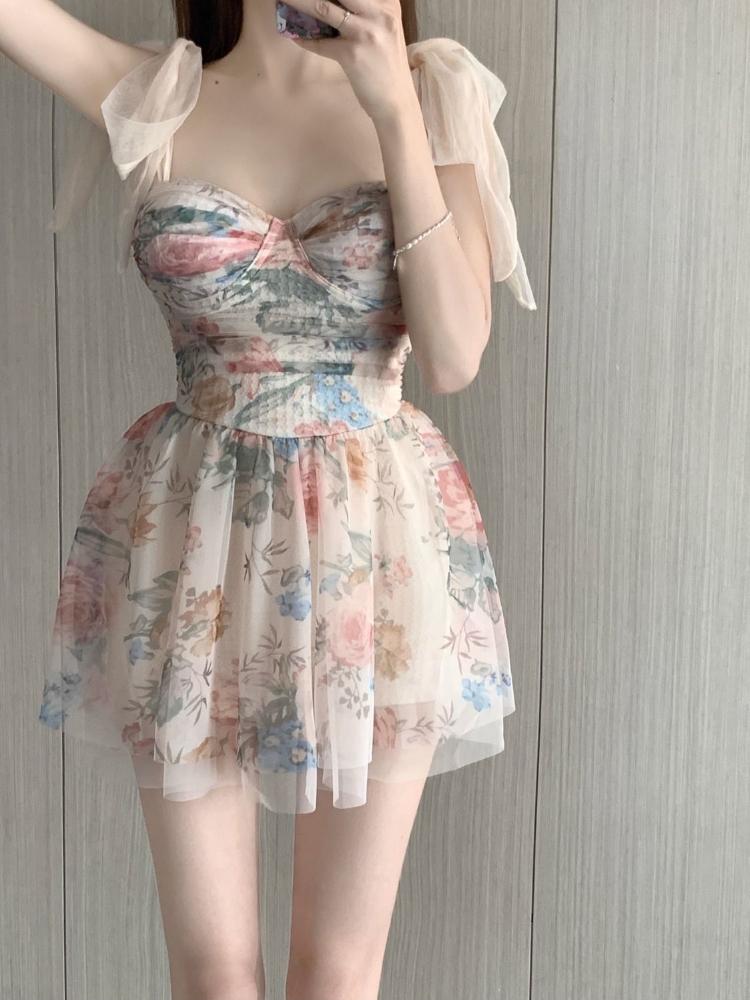 2025 Korea Šik Nové Plavky Ženy Květinový Potisk Letní Plážové Šaty Sexy Dívka Jednodílné Konzervativní Pohádkové Plavky