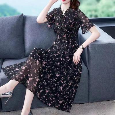 Jupe Trapèze Imprimée Florale à Col en V pour Femme Printemps/Été Belle et Élégante Robe en Mousseline à Volants