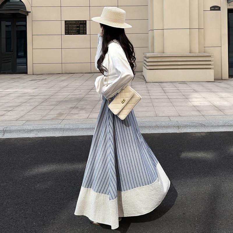 Damen Hohe Taille Japanischer Retro Streifen A-Linien Schirmrock – Schlankmachend und Elegant für Frühling/Sommer