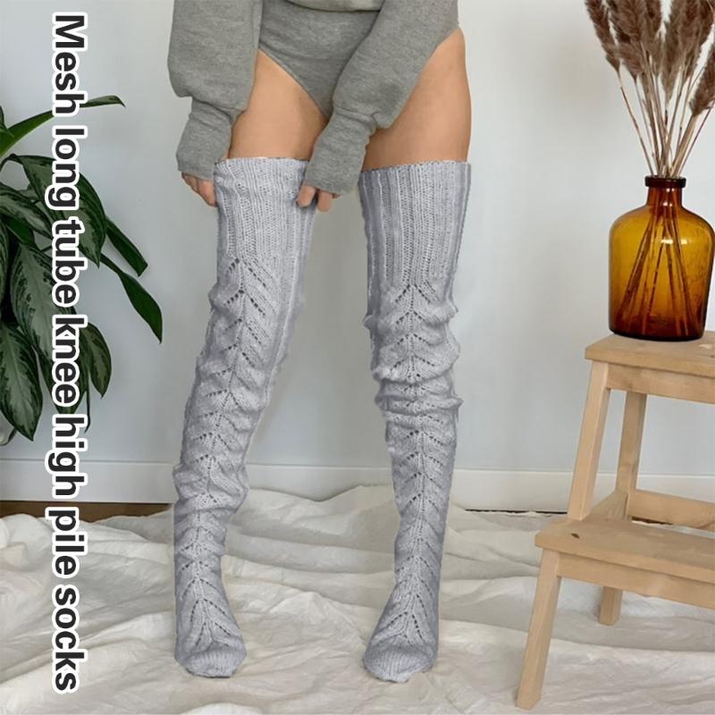 Hollowed Out Knitted Over Knee Long Socks for Women Winter Fall Thigh High Stockings Solid Color Thermal Long Leg Warmer