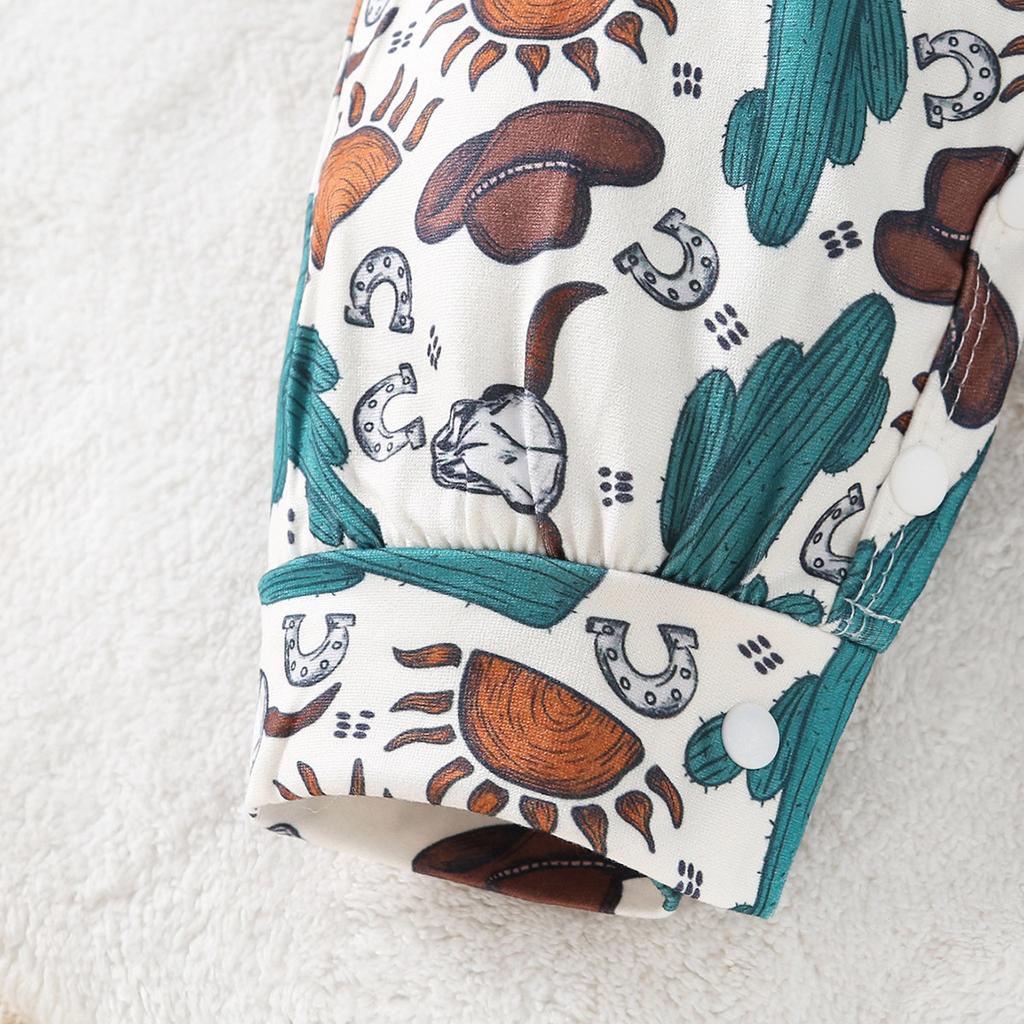 Infant Baby Cowboy Pattern Print Romper Casual Long Sleeve Jumpsuit