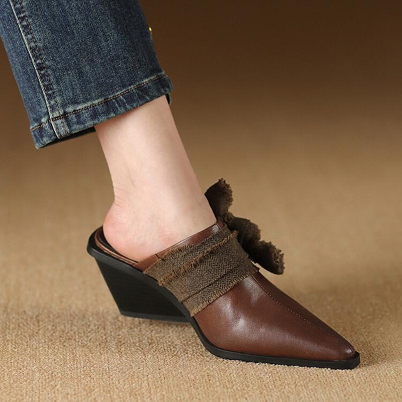 Fashion NEW Summer Women Mules Genuine Leather Shoes for Women Cover Toe Wedges Slippers Bow Knot Pointed Toe Black Women Sandals