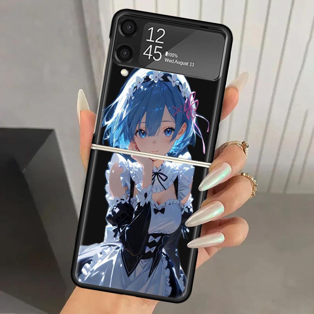 R-Rem Re Zero Anime Hard PC Phone Case For Samsung Galaxy Z Flip 7 6 5 4 3 Black ZFlip7 ZFlip6 Flip5 Flip4 Flip3 5G Print Cover