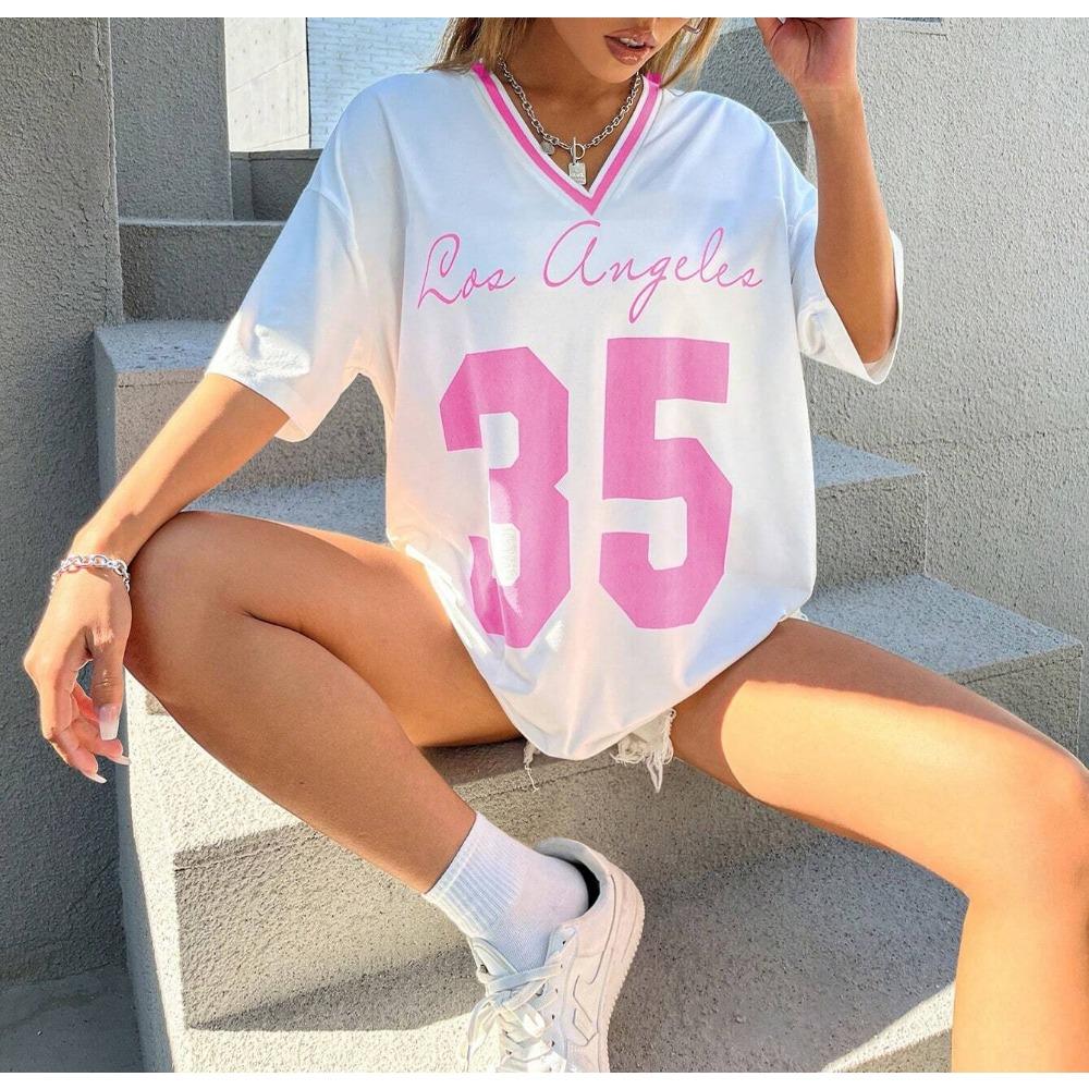

Women s Letter Print V-Neck Short Sleeve T-Shirt Summer Graphic Tee Baseball Jerseys Oversized Sport T-Shirt 5XL