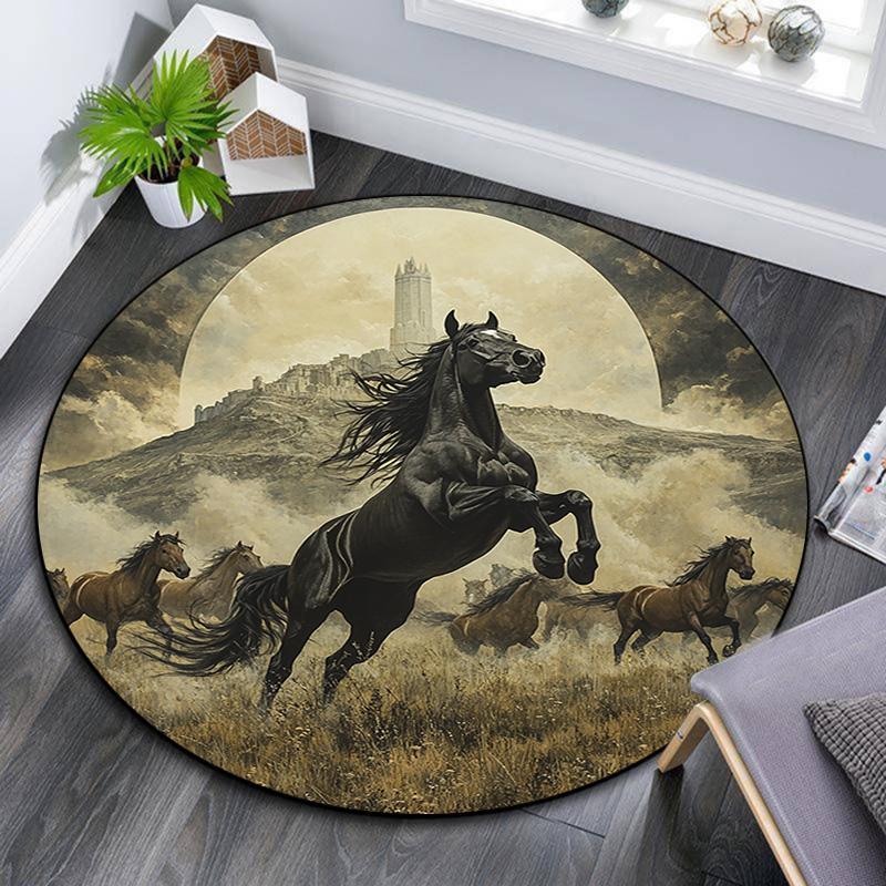 Black Horse Round Area Rug,Carpet Rug for Living Room Bedroom Sofa Playroom Decor,Non-slip Floor Mat