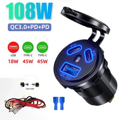 Υποδοχή Φορτιστή Αυτοκινήτου USB 108W 3 Θύρες Διπλή 45W PD Type C & 18W QC3.0 Τροφοδοτική Έξοδος Γρήγορη Φόρτιση για 12V/24V Σκάφος Σεντάν RV Μοτοσικλέτα