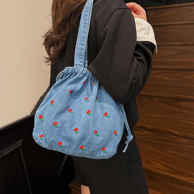 Denim bag bag girl cute cherry crossbody bag Korean version floral casual shoulder bag vintage denim tote bag